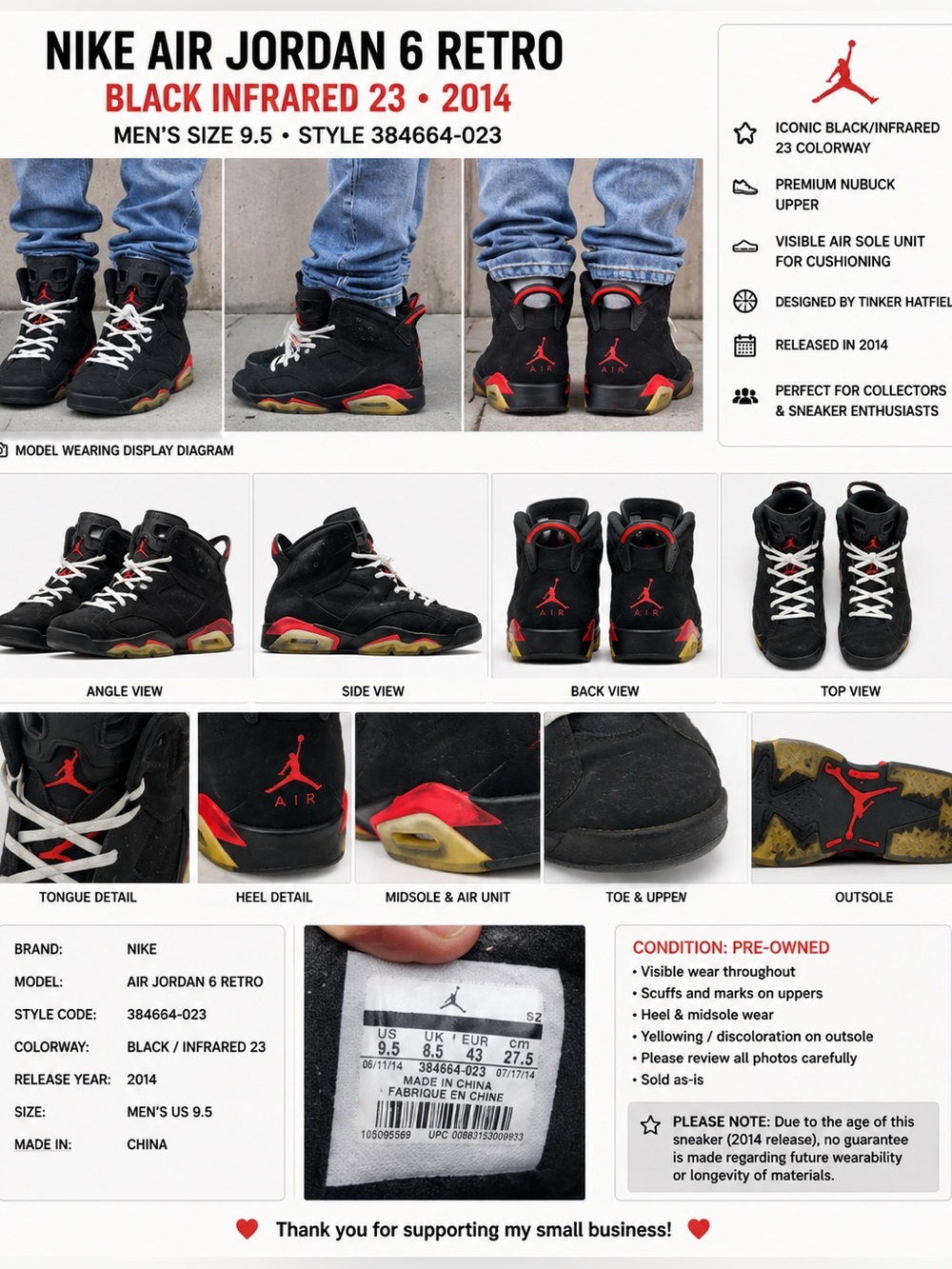 Nike Air Jordan 6 Retro Black Infrared 23 2014 Men’s Size 9.5 384664-023
